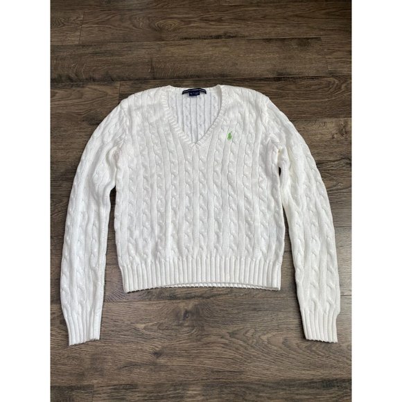 Ralph Lauren Sweaters - EUC Womens Ralph Lauren Sport cable knit white v neck sweater 100% cotton size L